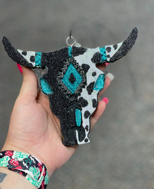 Cowprint/turquoise Bullskull & vent Clip freshie sets