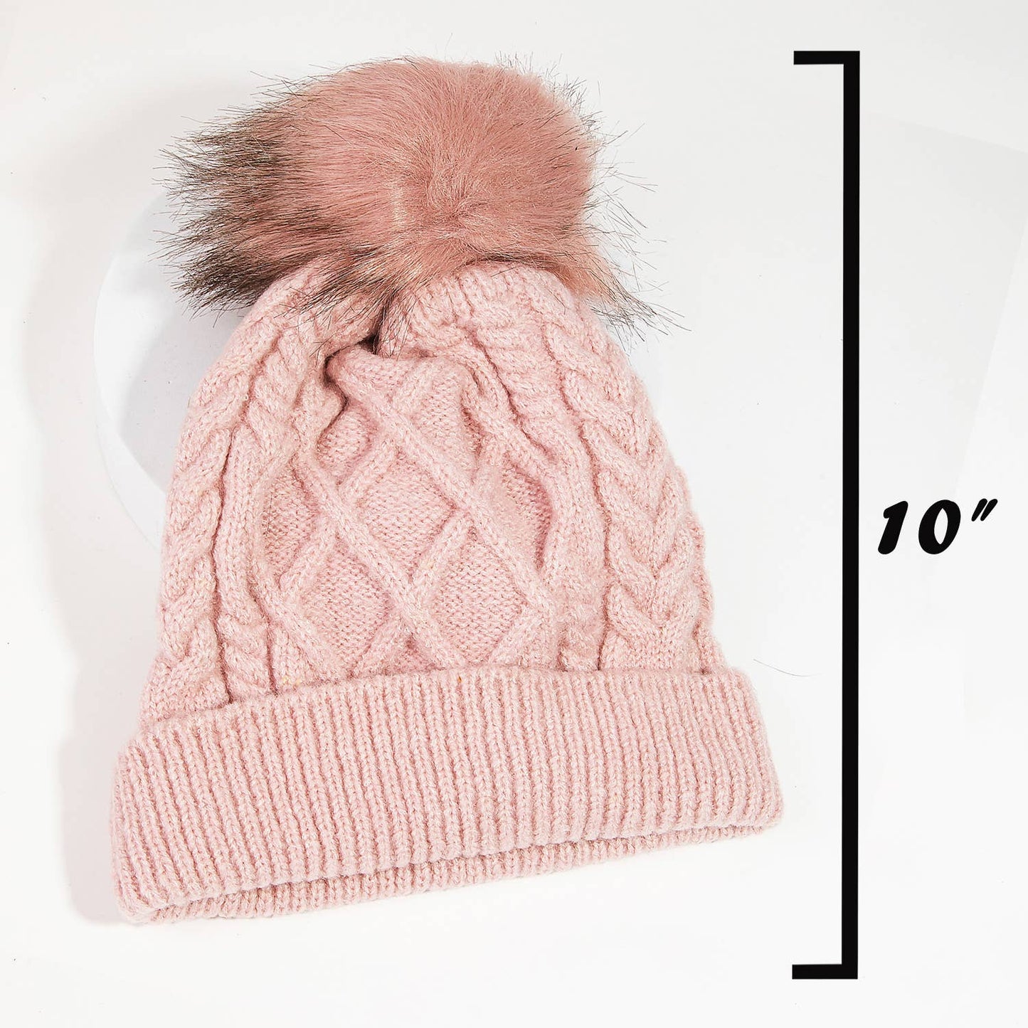 Cable Knit Fuzzy Pom Beanie: MV