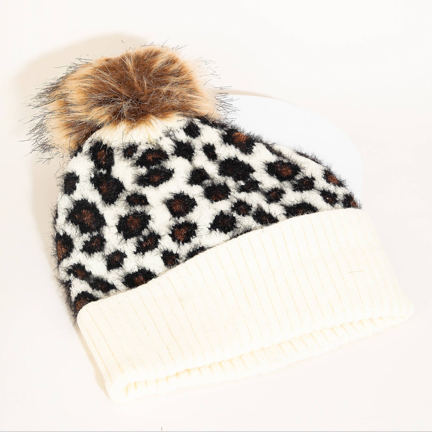 Leopard Print Knitted Pom Beanie